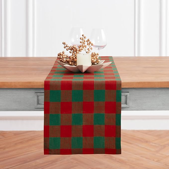 Solino Home Linen Checkered Table Runner 144 Inches Long - 100% Pure Linen Buffalo Check Red and Green Table Runner 14 x 144 Inch Ideal for Dining, Winter