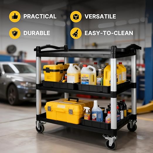NorthSky Select Dual-Handle Utility Cart, 3 Shelves, 440 lb. Cap - Plastic Shelves, Swivel Casters - Ideal for Office, Garage, Janitorial Transport & Storage