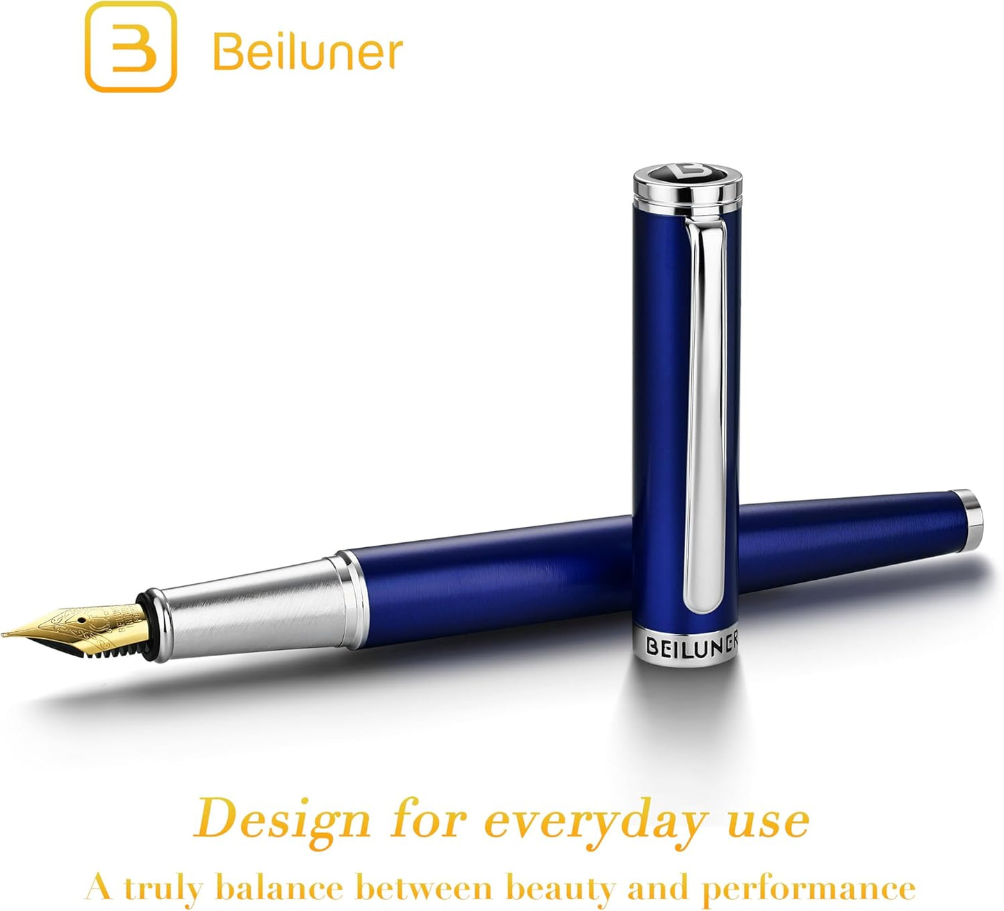 BEILUNER Luxury Fountain Pen Set,Solid 24K Gilded Fine Nib, Modern Classic Limited Edition -Includes 6 Ink Cartridges&Ink Refill Converter with Gift Case-Perfect for Men and Women（Charming blue）