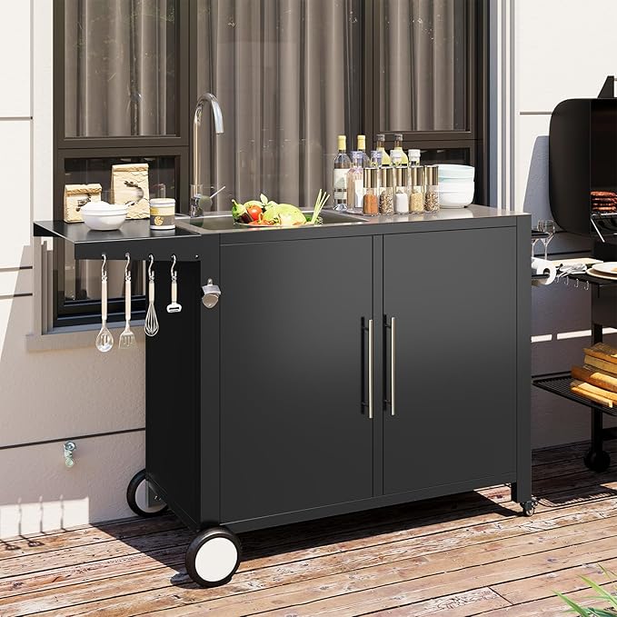 Grill Table with Sink, Outdoor Stainless Steel Kitchen Island Cabinets Sink Station with Hose Hook up & Lockable Casters, Rolling BBQ Table for Backyard