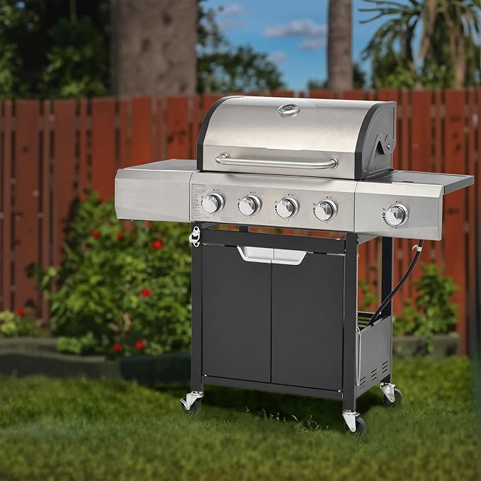 Zateety 4 Burner Propane Grill - 42,000 BTU Gas Grill with Side Burner, Stainless Steel with Iron Cast Grates for Outdoor Cooking, Patio, Camping BBQ, Garden Barbecue Grill, Black and Silver
