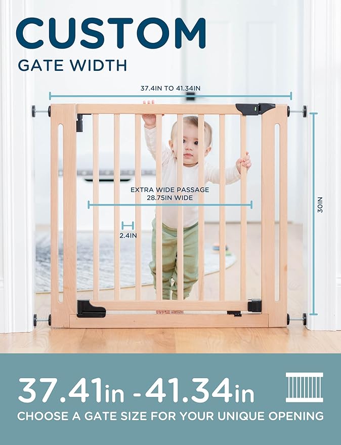 SizeWise™ Wood Pressure Mounted Safety Gate 37.4"-41.34" | Extra-Wide Passage | Auto-Close Two-Way Opening for Doorways and Hallways | Easy Installation | PEFC Certified Beech Wood (28.7" Passage)