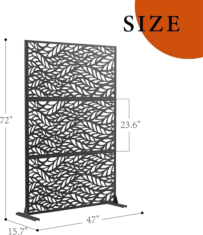 GarveeLife Metal Privacy Screen 72" h x 47" w, Outdoor Privacy Screens and Panels, Freestanding Decorative Fence for Patio Lawn Garden Deck Balcony, 3-Panel with Stand for Outdoor & Indoor Use