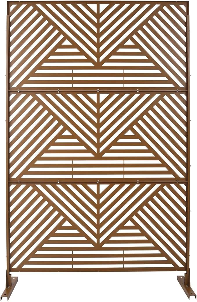Outdoor Privacy Screen with Geometric Design – Metal Decorative Panel, Freestanding Partition, Weather-Resistant, 76"x48" for Garden, Patio, Balcony, and Yard, Brown