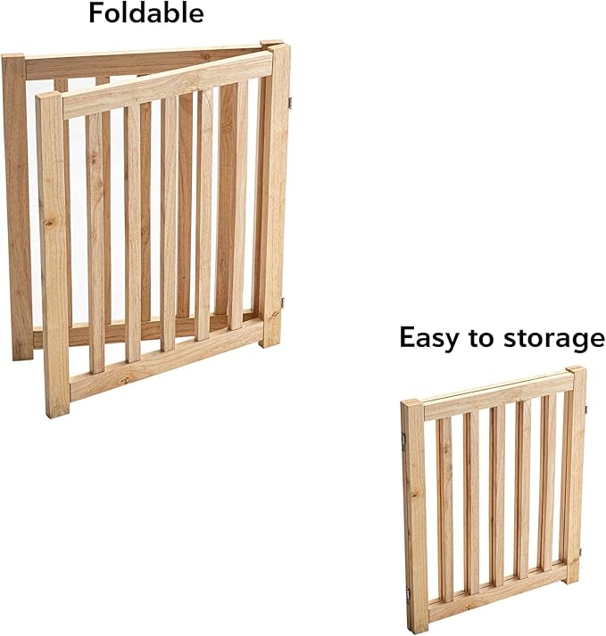 LZRS 2-Panel Wooden Free Standing Foldable Dog Gate Indoor – Solid Hardwood 24" High, Step-Over Safety Pet Gate for Doorways, Stairs & Small Spaces - Indoor Use, Natural