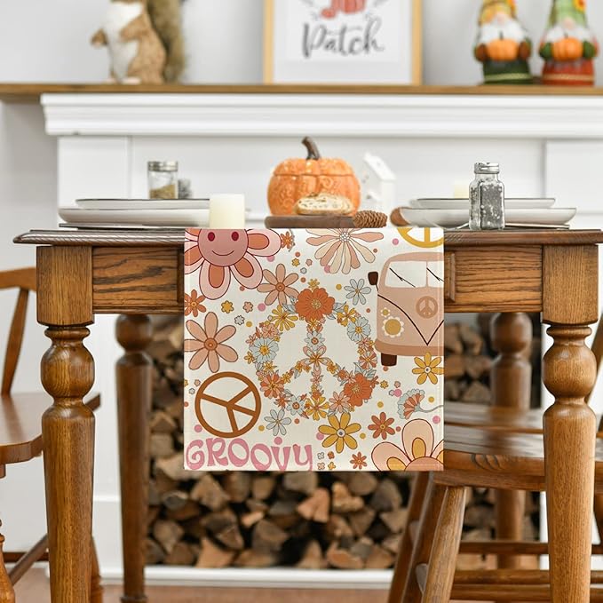 Artoid Mode Daisy Flower Peace and Love Table Runner, Wreath Float Groovy Kitchen Dining Table Decoration for Outdoor Home Party 13x72 Inch