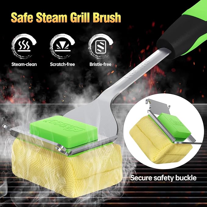 Grill Brush Bristle Free for Outdoor Grill, Steam Grill Cleaning Brush Replaceable BBQ Cleaner Brush Head,Extended Handle, Safe Grill Brush for Cast Iron Stainless-Steel Grates，Light Green