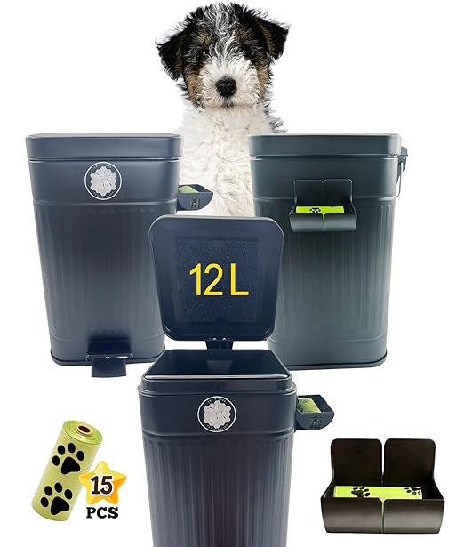 Dog Poop Trash Can (Black) Outdoor Activated Carbon Filter Odor Control, 3.2 Gallon (12Lt) with Slow Soft Close Lid, All Weather Resistant Poop Disposal Bin for Pet Waste Backyard Station.