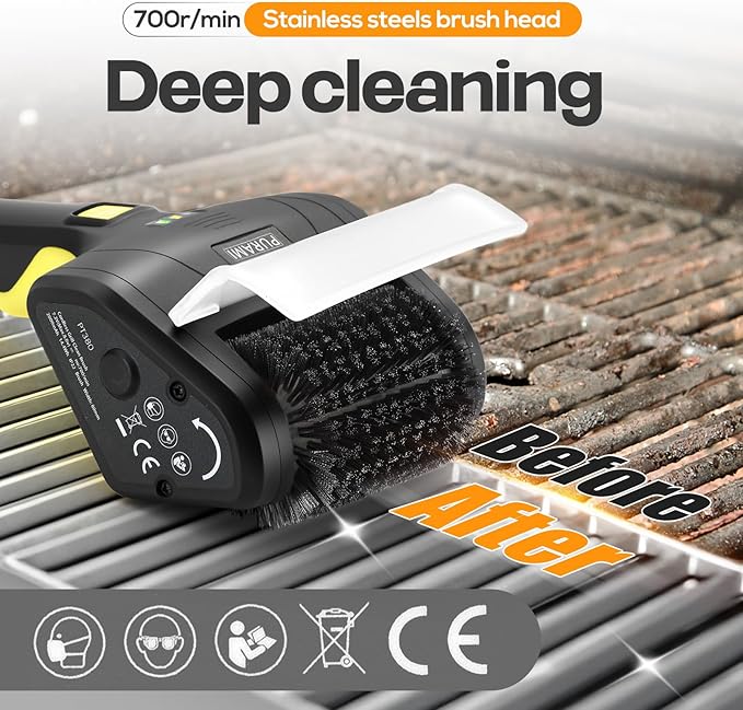 Battery Operated Grill Cleaner PURAMI Wireless Outdoor 360° Rotating Electric Grill Brush, Rechargeable Lithium 8V 700r/min Heavy Duty BBQ Accessories Scrubber