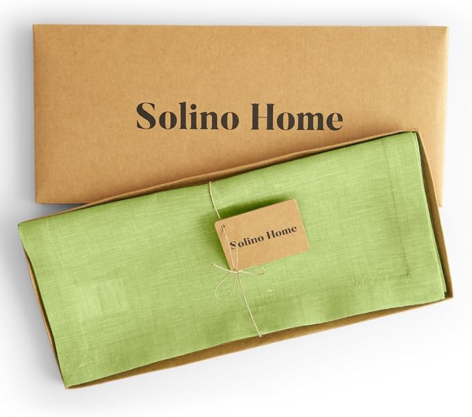 Solino Home Linen Table Runner 108 Inches Long - Athena, 100% Pure Linen Chambray Lime Green Dining Table Runner 14 x 108 Inch for Spring, Easter, St Patricks Day