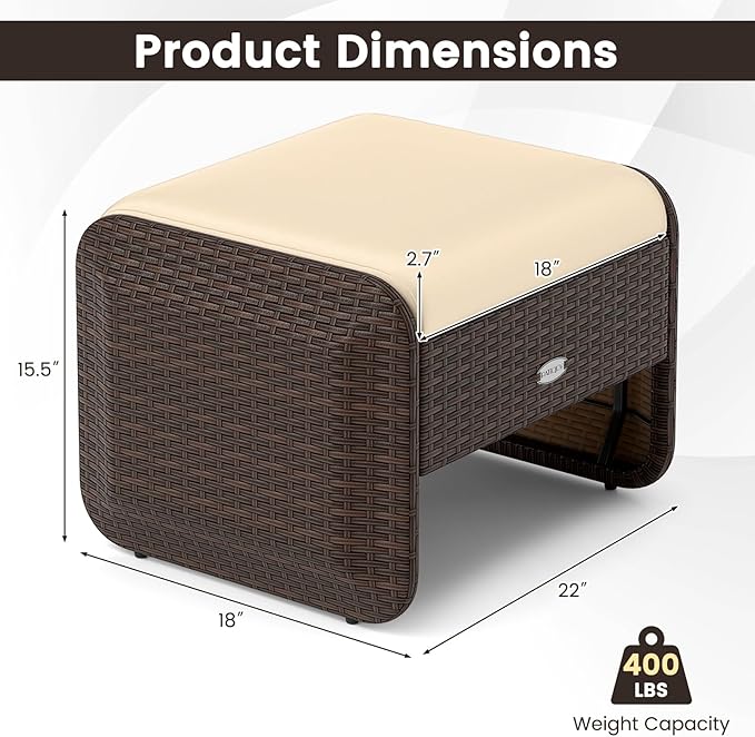 Tangkula 2 Pieces Patio PE Wicker Ottomans with Removable Cushions, Multipurpose Outdoor Furniture for Additional Seating, Footrest and Side Table, Outdoor Footstools for Porch, Backyard (Beige)