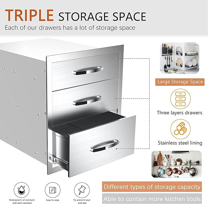 Outdoor Kitchen Drawers, Box Frame Style Flush Mount BBQ Drawer w/Stainless Steel Handle, BBQ Island Drawers For Patio Grill Station,Three Drawers