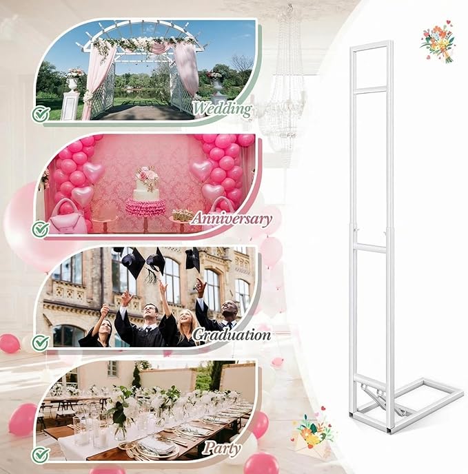 White Wedding Backdrop Stand Metal Balloon Arch Backdrop Stand with Foldable Base for Wedding Birthday Party Anniversary Decor, Adjustable Height(1-2m H) Installation Free(1 Pack)