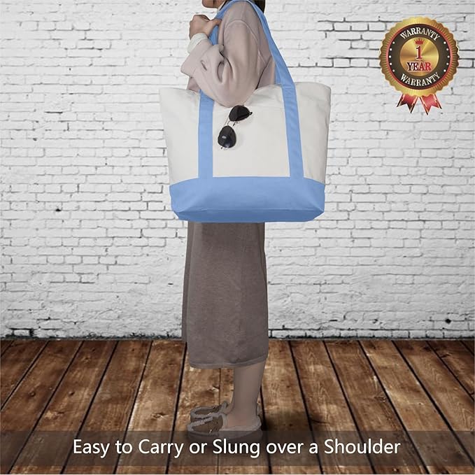 TOPDesign 1-Pack Canvas Tote Bag with an External Pocket, Reusable Grocery Shopping Bag, Top Zipper Closure, Daily Essentials (Light Blue/Natural)