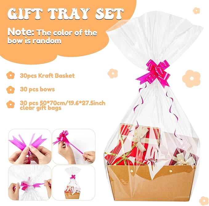 Tuanse 30 Pcs Basket for Gift Empty DIY Bulk Gift Basket Kit with Handle Kraft Cardboard Tray with 30 Bag 30 Bow Market Tray for Wedding Party(Brown,9.8 x 6.5 x 4.3 in)