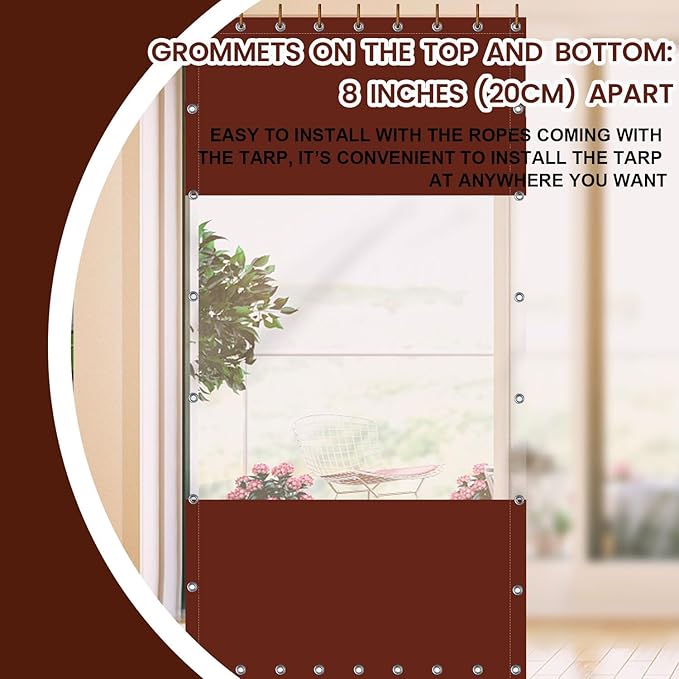 20 Oz Outdoor Vinyl Curtain, Outdoor Clear Panel Curtain, Weather Resistant Outdoor Curtain for Pergola, Porch, Gazebos, with Rustproof Grommets (10'H x 7'W, Brown)