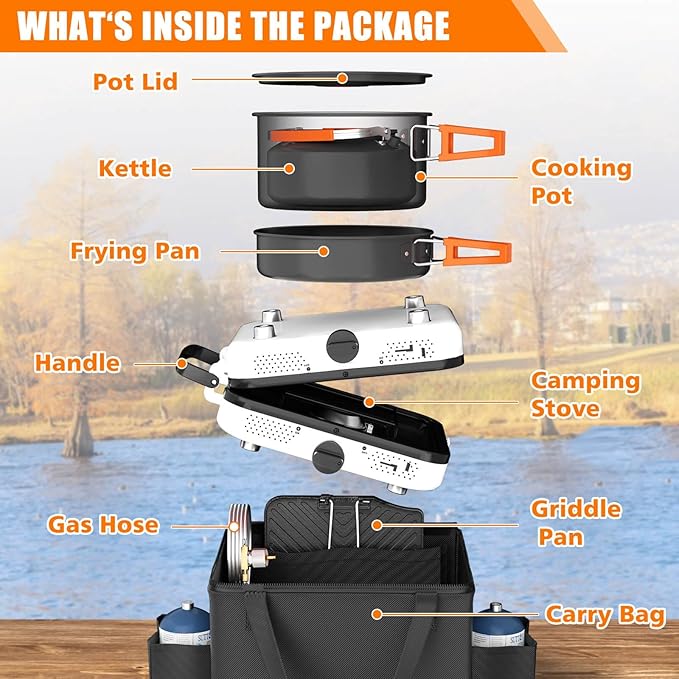 Hisencn Camping Stove,2 Burner Propane Stove,20000 BTU/h Camping Cooking set Includes Frying Pan,Kettle and Pot,Adjustable Burners & Piezo Ignition,Portable stove for camping Outdoor,White