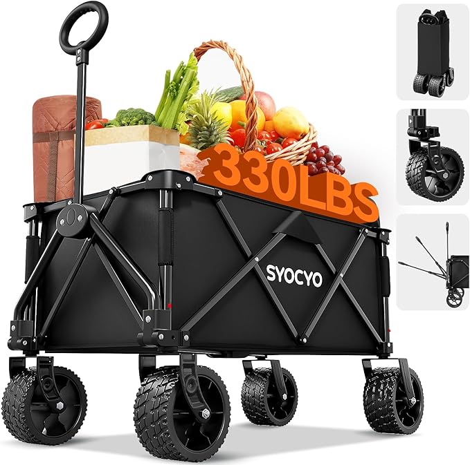 Collapsible Wagon with Big Wheels, Beach Wagons Carts Foldable with All-Terrain Wheels, Large Weight Capacity Heavy Duty Carts with Cup Holders for Camping, Garden, Sports, Grocery, Carbon Black