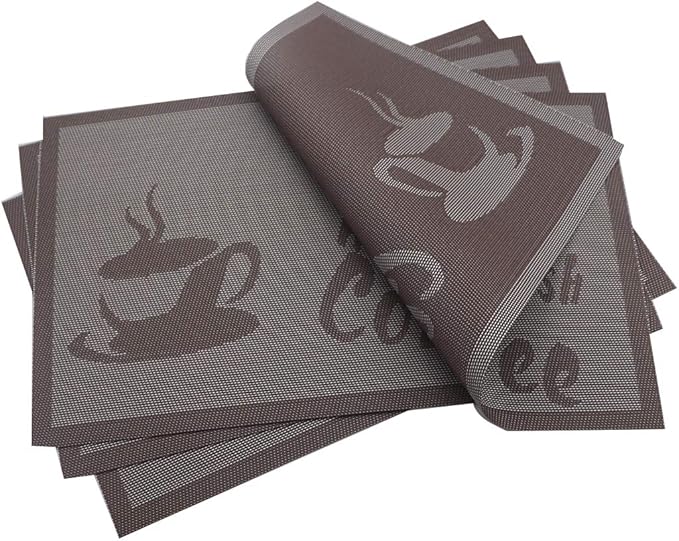 Gugrida Placemats Set of 6 Plaid Checkered Coffee Heat-Resistant Anti-Skid PVC Placemat for Dining Table Durable Woven Vinyl Stain tablemats 18"X12", Large
