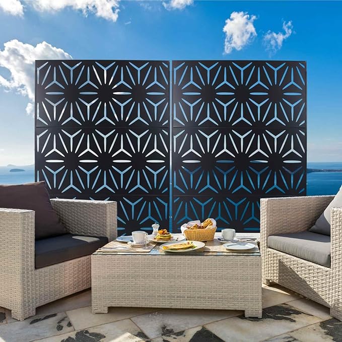 Outdoor Privacy Screen, 76" H x 48" W Decorative Metal Panel, Steel Privacy Divider with Freestanding Base, Ideal for Garden, Patio, or Balcony, Black