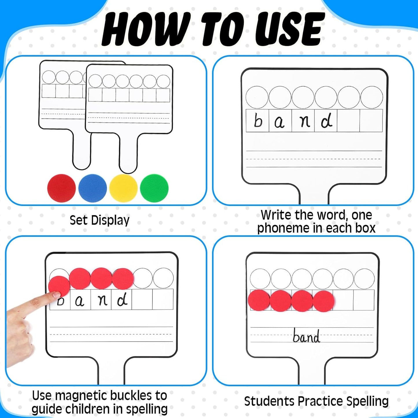 Seajan 3 Pcs Magnetic Paddle Set Education Dry Erase Double Side Handheld Answer Board with Magnetic Counters Discs Phonemic Awareness Phonics Games Toy for Students Kids Teaching Supply (Color)