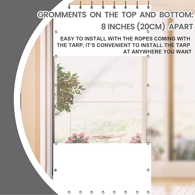20 Oz Outdoor Vinyl Curtain, Outdoor Clear Panel Curtain, Weather Resistant Outdoor Curtain for Pergola, Porch, Gazebos, with Rustproof Grommets (8'H x 8'W, White)