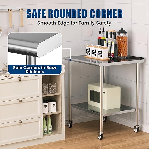 Stainless Steel Work Table with Wheels, 30x36 Inch NSF Food Prep Table with Backsplash & Adjustable Undershelf for Kitchen, Restaurant, Garage