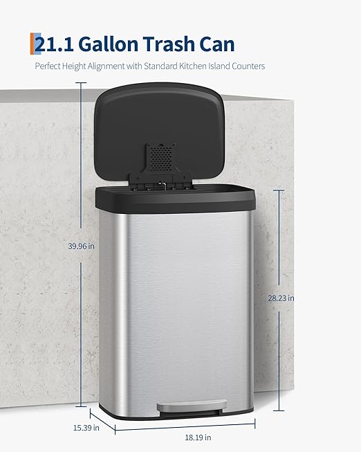 Garvee 21 gal / 80 L Stainless Steel Trash Can with Lid, Large Garbage Can for Kitchen, Rustproof Step-on Kitchen Metal Trash Bin with Liner Rim, Rear Handle, Soft Close Plastic Lid, Silver