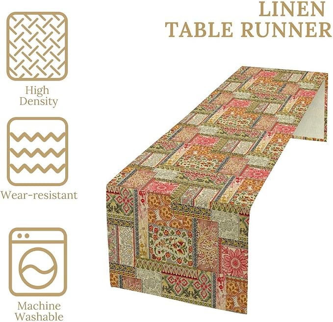 Colorful Patchwork Table Runner, Boho Floral Vintage Wildflower Rustic Paisley Design Table Runner for Dining Coffee Party Holiday Farmhouse 13x120in