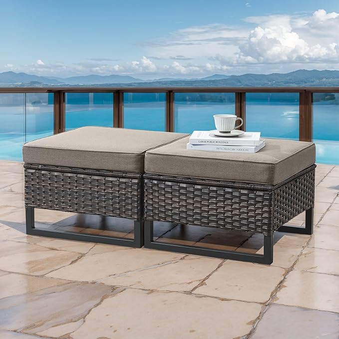 HUMMUH Outdoor Ottomans for Patio Set of 2 PE Wicker Outdoor Footstool with Removable Weather-Resistant Cushions for Patio, Backyard