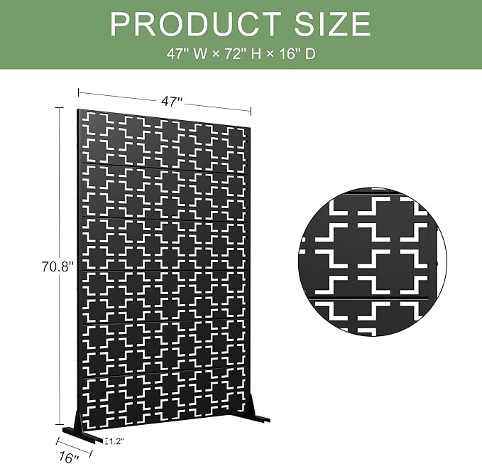 Casaphoria Metal Privacy Screen Outdoor, 72" H x 47" W Freestanding Decorative Privacy Screen for Patio Deck Balcony Garden with Stable Base, Black-Brick