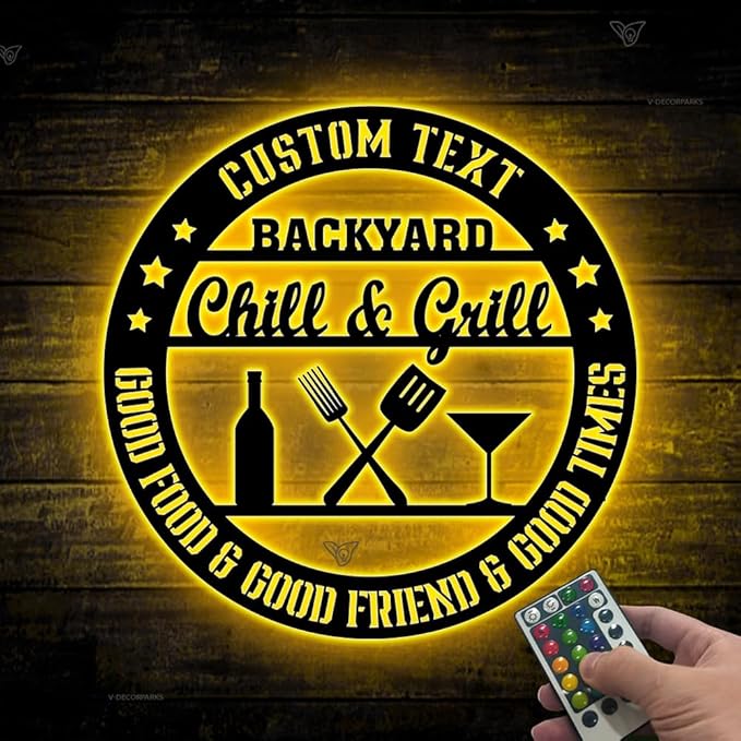 Backyard Bar & Grill LED Sign - Personalized Name Signs with Lights, BBQ Grill Wall Art, 16-Color LED with Remote Control, Neon Bar Sign for Patio, Man Cave, Porch
