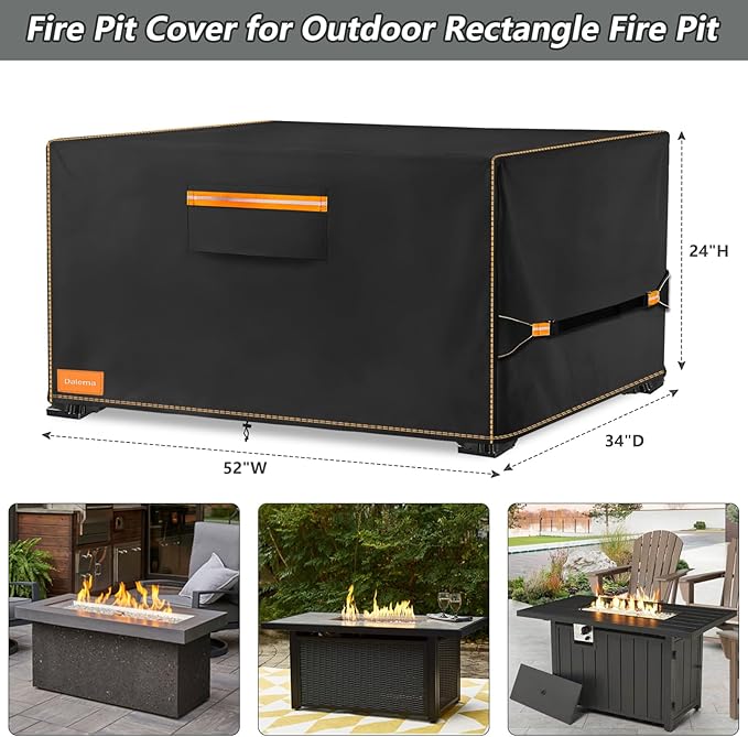 Fire Pit Cover,Outdoor Heavy Duty 600D 100% Waterproof Fire Pit Cover Rectangular,Weatherproof Firepit Covers Rectangle 52" L x 34" W x 24" H,Black
