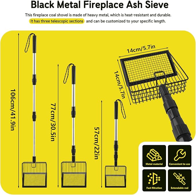Long Handle Fireplace Ash Sifter, Hollow Out Metal Coal Shovel with 3-Section Adjustable Handle, Heat Resistant Charcoal Shovel Scoop for Wood Stove, Fireplace, Fire Pit and Grill