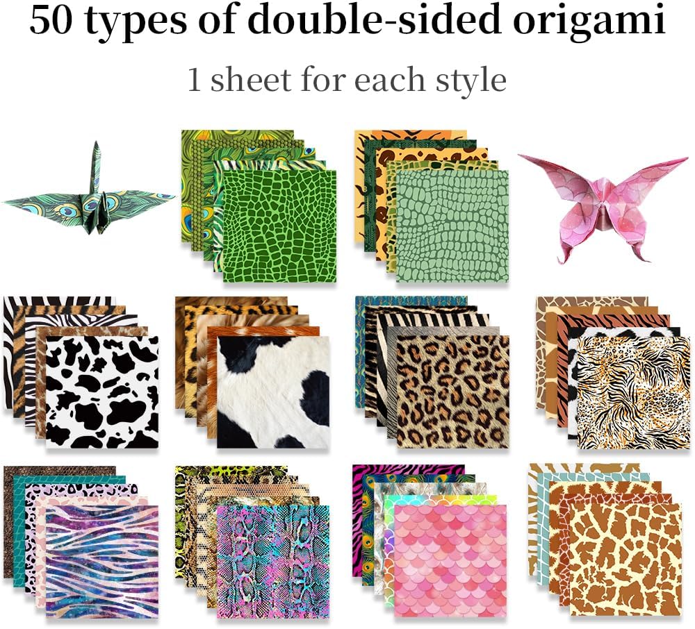 Square Origami Paper 6x6 Double Sided 50 Sheets 50 Colors 70GSM Origami Kit Japanese Chiyo Easy Fold Arts Crafts DIY Handwork Beginner Animal Fur