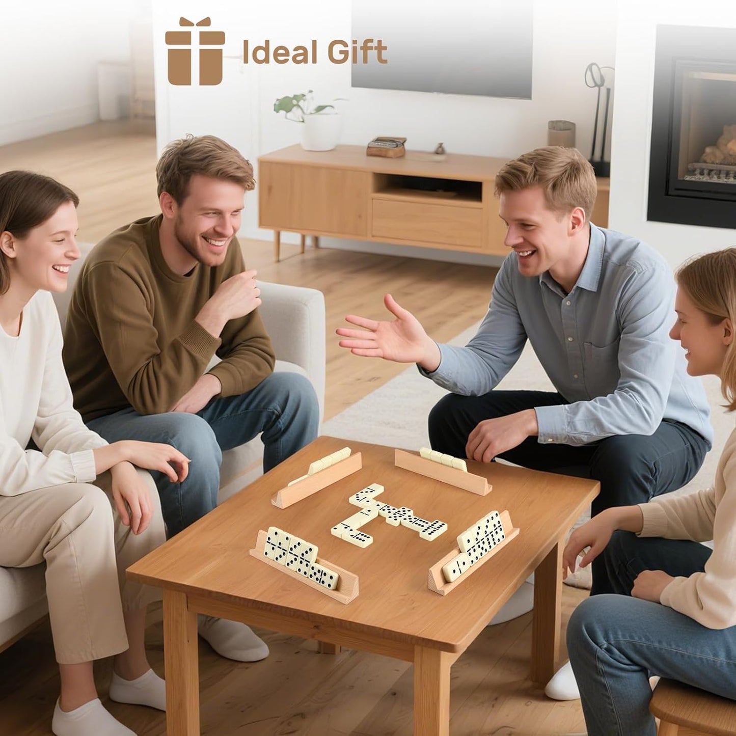 Jumbo Dominos Set for Adults with 4 Wooden Racks/Trays, Double 6 Dominoes Travel Set with Portable Case Double Six Dominoes Set with 4 Tiles Holders, 28 Tiles Dominos Set for Family Board Games