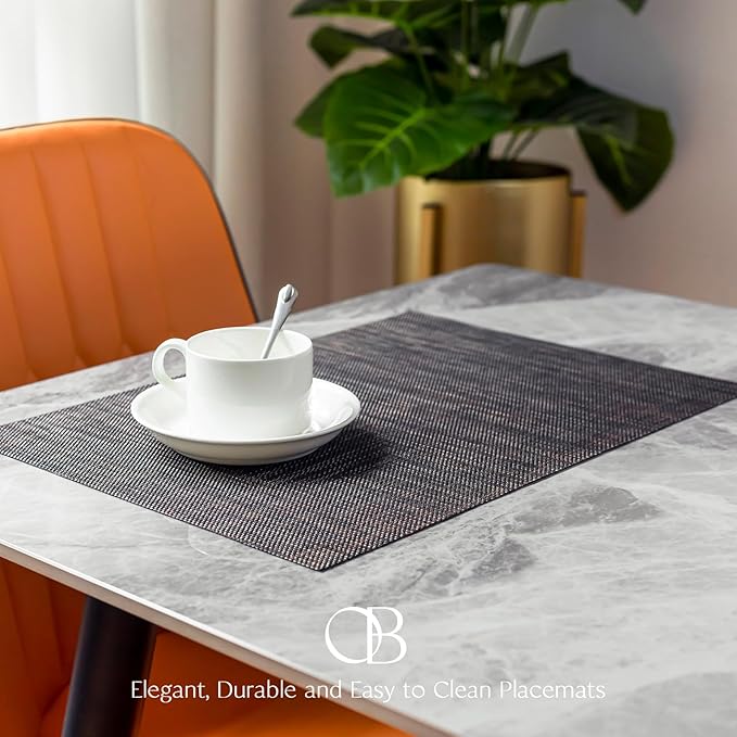 Placemats Set of 12 - Easy Clean Woven Vinyl Placemats for Dining Table, Indoor/Outdoor Place Mats, Washable PVC Table Mats（Black/Brown）