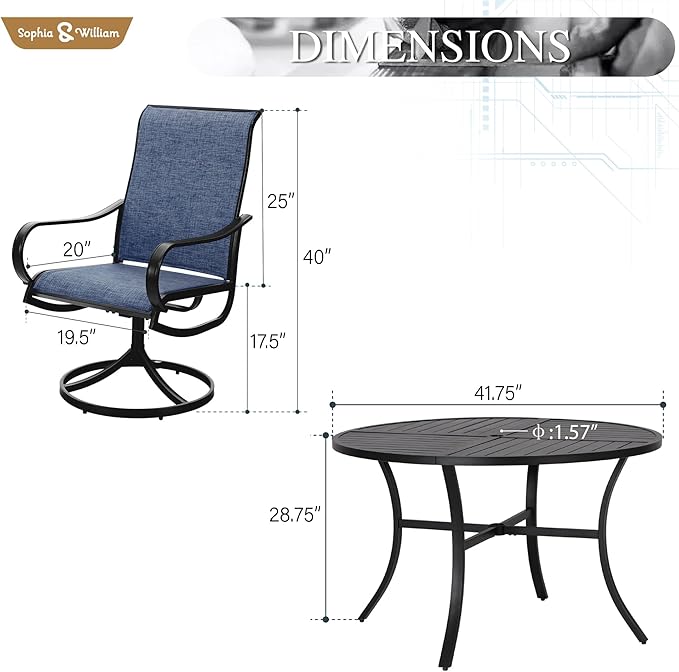 Sophia & William Outdoor Dining Set Patio Dining Set for 4 Round Patio Table and Chairs Set 5 Pieces with Swivel Patio Chairs 42" Metal Table for Garden Pool All Weather Blue