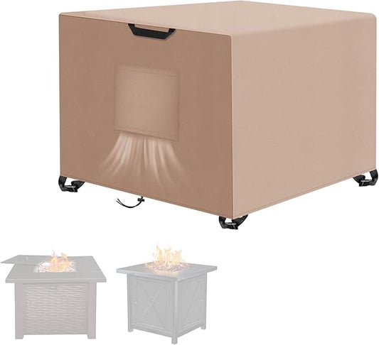 Kovshuiwe Porch Shield Fire Pit Cover Square-600D Fabric Waterproof and Resistant, Fits Outdoor For 28-32 Inch Fire Pit /Table Cover, Gas Fire Pit Cover-32"L x 32"W x 24"H, Khaki