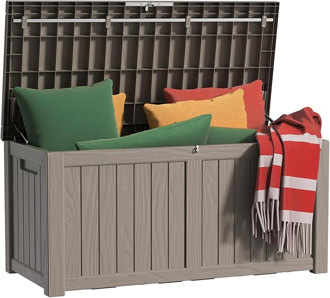 EasyUp 150 Gallon Outdoor Storage Box Waterproof, UV Resistant Resin Deck Box with Hydraulic Rod, Reinforced Stability for Patio, Garden, and Pool, Striped Gray