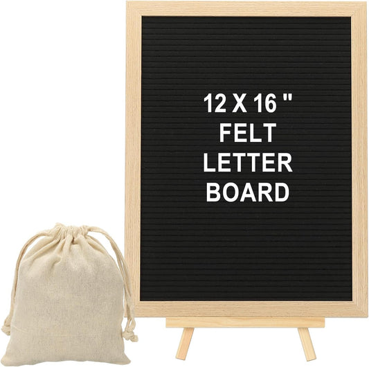PATIKIL Felt Letter Board, 12x16Inches Black Wooden Changeable Message Board with Storage Bag Stand for Kitchen Menu Farmhouse Decor Notes, White Bronze Letter