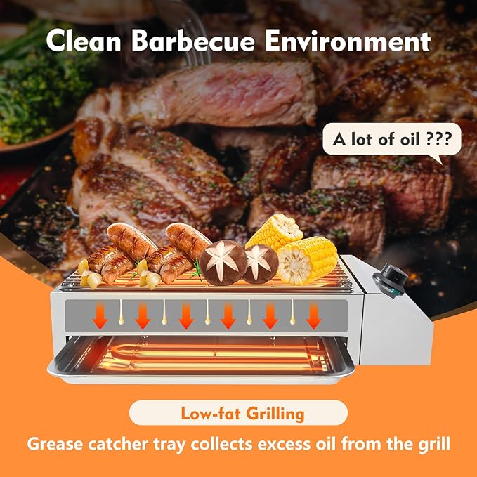 1800W Electric BBQ Grill & Countertop Electric Grill, Smokeless Indoor Outdoor Grill with Stainless Steel Grate & Adjustable Temp, Portable Commercial Grill for Home Kitchen Camping Party Use