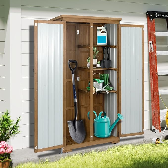 Outdoor Storage Cabinet Waterproof with Shelves, Small Storage Shed, Vertical Tall Patio Backyard Garden Storage Cabinet Tool Organizer for Outside