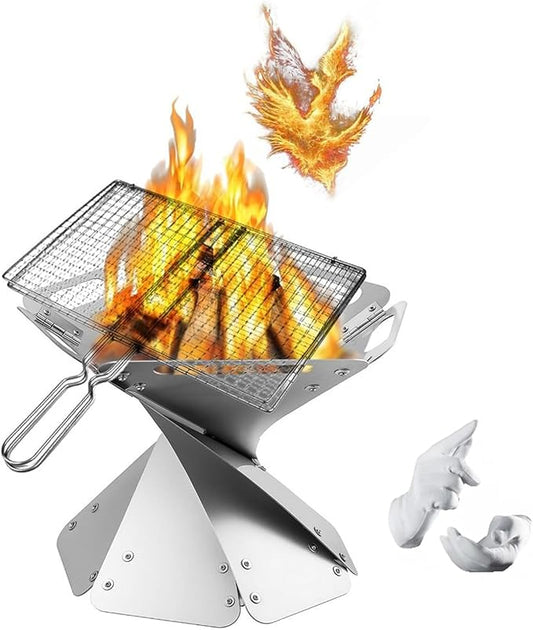 Portable Fire Pit - Foldable Stainless Steel Camping Fire Bowl & Grill - Compact Bonfire Pit for Backyard, Patio, Garden Parties & Camping Trips, 12.6 Inch