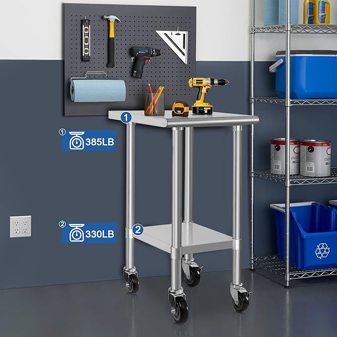 HARDURA Stainless Steel Commercial Table Prep & Work Table with Casters Heavy Duty Metal Table with Wheels NSF 430 24×24 Inches