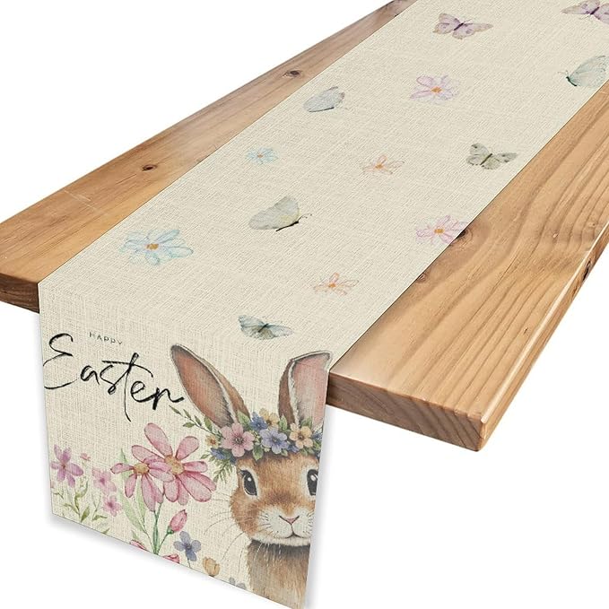 Easter Table Runner,Boho Floral Bunny Rabbit Butterflies Pink Blue Spring Easter Table Center Decor for Family Kitchen and Living Room Outdoor Farmhouse Party Table Decorations, 13"x36"