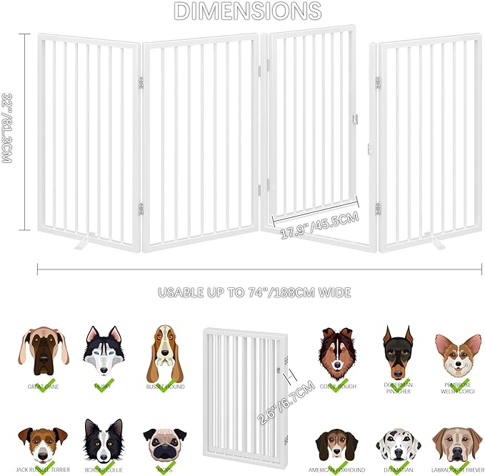 Vantas Folding No-Assembly Metal Pet Gate 80" Wide, 32" Extra Tall Dog Gate with Door Walk Through, Freestanding Accordion Puppy Gate Dog Door for Indoor & Outdoor, with 2PCS Support - White