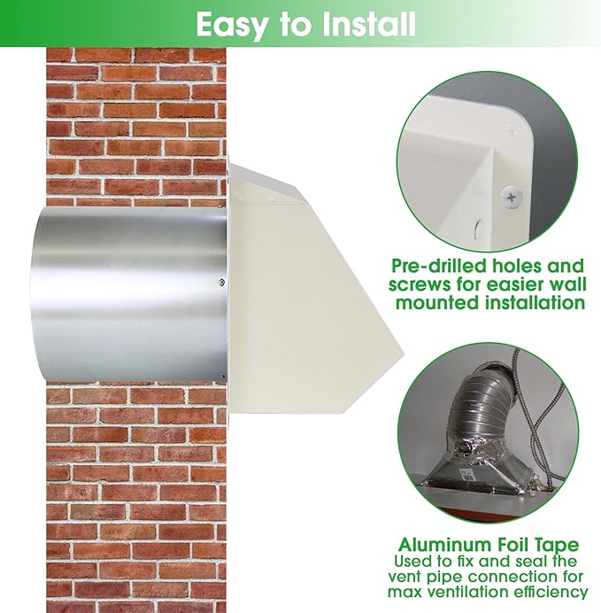4 Inch Dryer Vent Cover Outside Hooded Wall Vent with Screen and Damper, Exhaust Vent Wall Mount Exterior Wall Vents Cover Cap for Dryer Ventilation&Outdoor Air Exhaust,Galvanized Steel,White