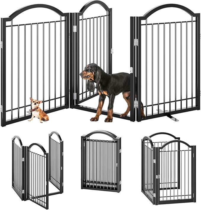 BHG Metal No-Assembly Freestanding Dog Gate with Door Walk Through, Extra Wide 72", Extra Tall 32" Pet Gate, Accordion Puppy Folding Playpen Dog Fence, with 2PCS Support (Black, 3 Panels)