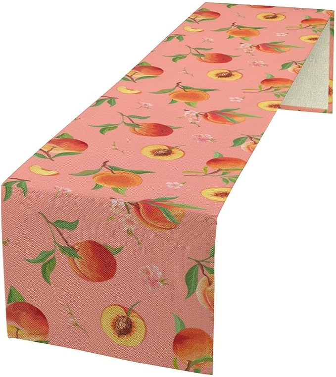 Pink Cute Peach Table Runner, Colorful Summer Fruit Floral Table Runner for Kitchen Dining Party Holiday Home 13x36in
